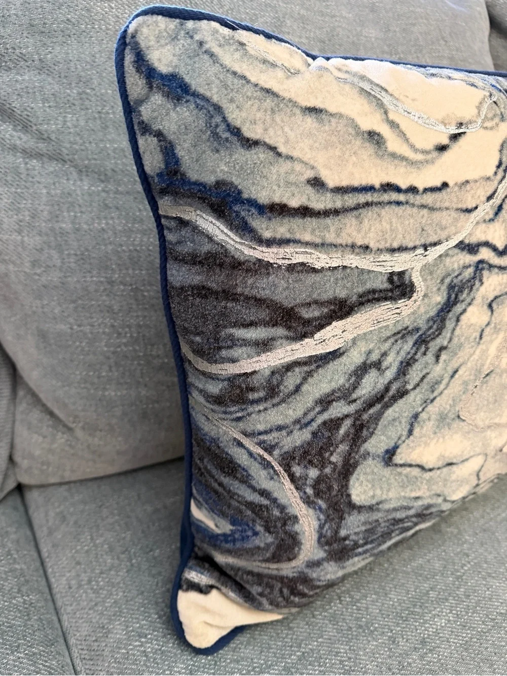 World Market Navy Blue Marbled Velvet Lumbar Pillow 24x16